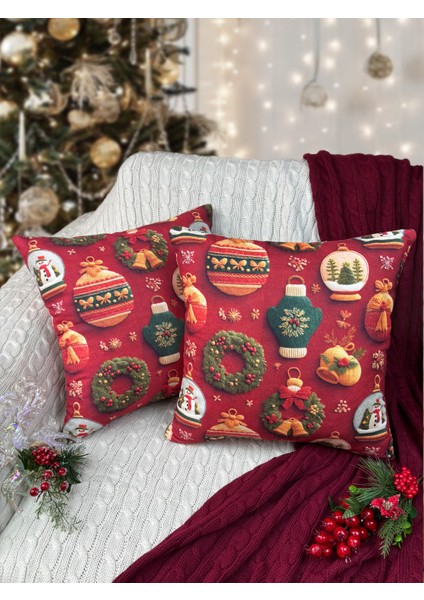 2li Kırlent Kılıfı Seti 43X43 cm Fermuarlı Çift Taraflı Dijital Baskı Yılbaşı Yeni Yıl Noel Konsepti New Year Christmas Fifty Home