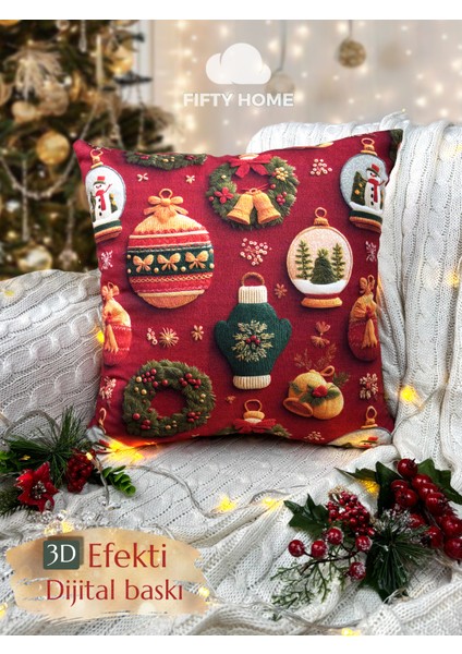 2li Kırlent Kılıfı Seti 43X43 cm Fermuarlı Çift Taraflı Dijital Baskı Yılbaşı Yeni Yıl Noel Konsepti New Year Christmas Fifty Home modelleri