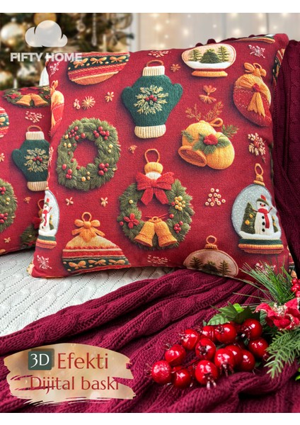 2li Kırlent Kılıfı Seti 43X43 cm Fermuarlı Çift Taraflı Dijital Baskı Yılbaşı Yeni Yıl Noel Konsepti New Year Christmas Fifty Home