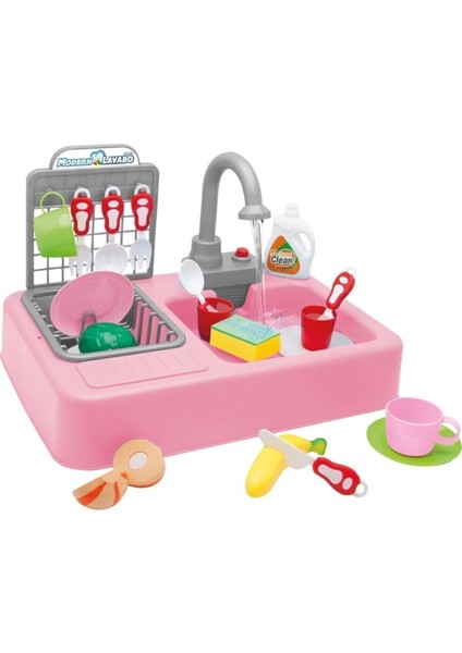 Pembe Mutfak Lavabo Seti Su ile Çalışır Çocuk Bulaşık Yıkama Çeşmeli Su Akar Oyuncak