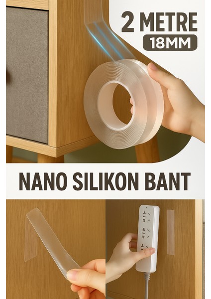 Şeffaf Çift Taraflı Nano Bant–2 Metre 18MM Iz Bırakmaz, Süper Güçlü Yapışkan, Çok Amaçlı Montaj Band