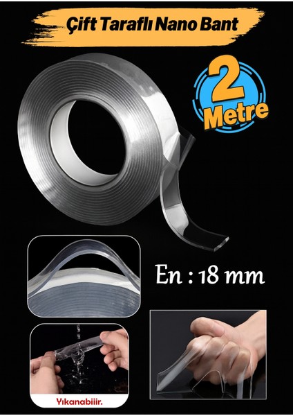Şeffaf Çift Taraflı Nano Bant–2 Metre 18MM Iz Bırakmaz, Süper Güçlü Yapışkan, Çok Amaçlı Montaj Band indirimleri
