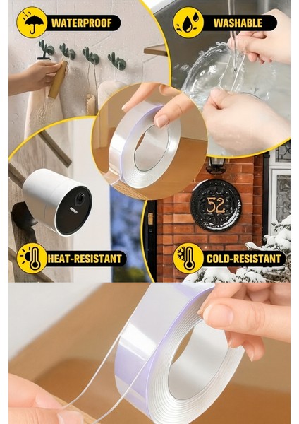 Şeffaf Çift Taraflı Nano Bant–2 Metre 18MM Iz Bırakmaz, Süper Güçlü Yapışkan, Çok Amaçlı Montaj Band
