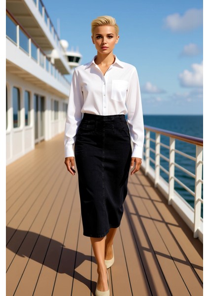 Kadın Midi Kalem Denim Etek Yüksek Bel Düz Kesim Fonksiyonel Dayanıklı Kaliteli Konforlu Şık