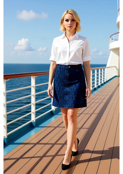 Kadın Etnik Desenli Yüksek Bel Denim Mini Etek Fonksiyonel Dayanıklı Kaliteli Konforlu Şık