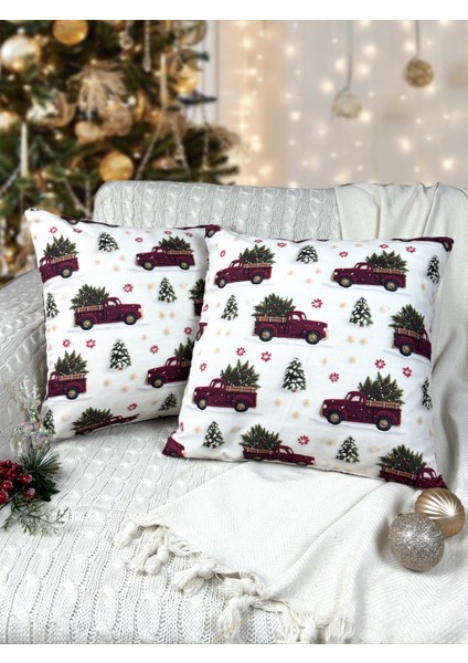 2li Kırlent Kılıfı Seti 43X43 cm Fermuarlı Çift Taraflı Dijital Baskı Yılbaşı Yeni Yıl Noel Konsepti New Year Christmas Fifty Home