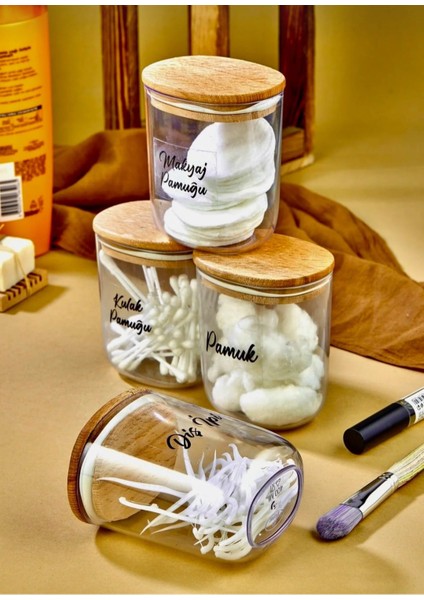 4'lü Etiketli Ahsap Kapaklı Kulak Pamuğu&pamuk&makyaj Pamuğu&diş Ipi Saklama Kutusu 400 ml