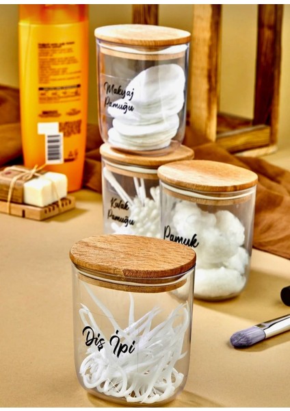 4'lü Etiketli Ahsap Kapaklı Kulak Pamuğu&pamuk&makyaj Pamuğu&diş Ipi Saklama Kutusu 400 ml fiyatları