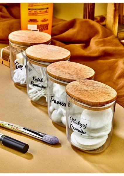 4'lü Etiketli Ahsap Kapaklı Kulak Pamuğu&pamuk&makyaj Pamuğu&diş Ipi Saklama Kutusu 400 ml modelleri
