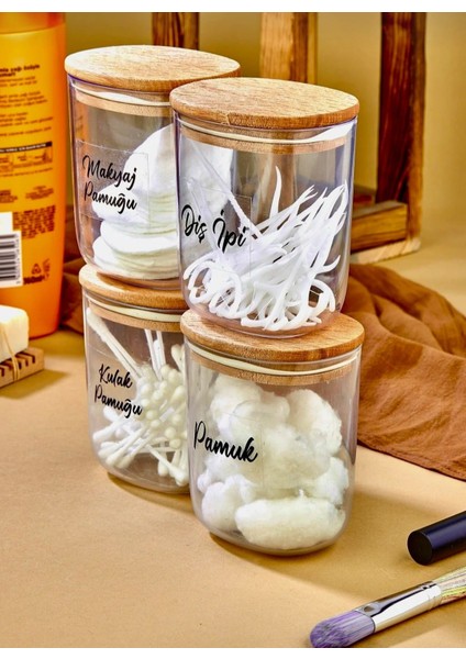 4'lü Etiketli Ahsap Kapaklı Kulak Pamuğu&pamuk&makyaj Pamuğu&diş Ipi Saklama Kutusu 400 ml fırsatları