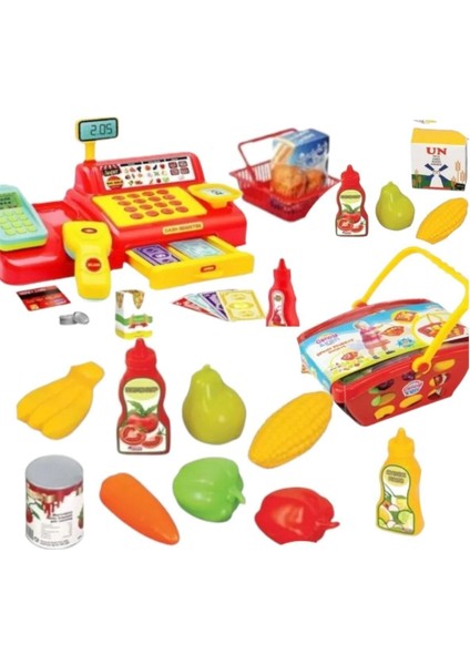 Bahçe Kırmızı Aksesuarlı Süper Market Yazar Kasası&minik Alışveriş Sepeti Içi Dolu