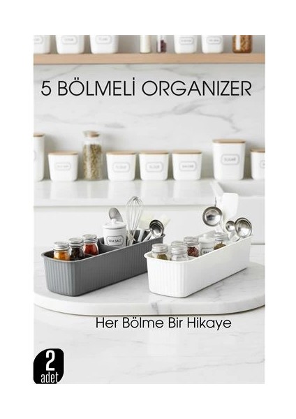 Bfs 5 Bölmeli Mutfak Organizer Kutusu Gri & Beyaz 2’li Set Baharat ve Gereç Düzenleyici