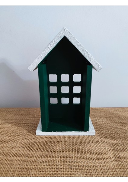 Elaca Ahşap Yeşil Dekoratif Mini Ev Pencere Kış Temalı, Kar Desenli, Yılbaşı Noel Süsü, LED Mumla Aydınlatılan Masa ve Duvar Dekoru modelleri