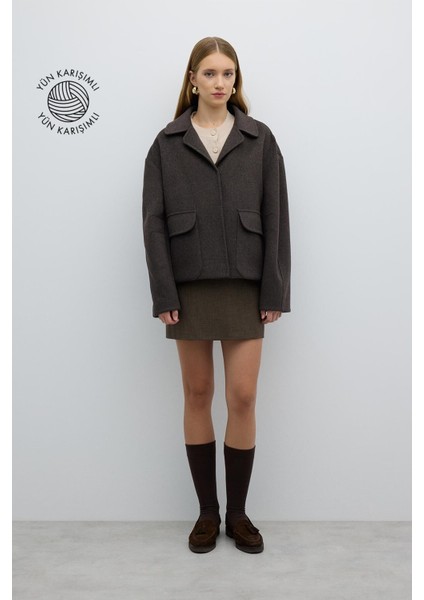 Çift Cepli Önden Çıtçıtlı Yün Karışımlı Mont Kahve K2617521_005