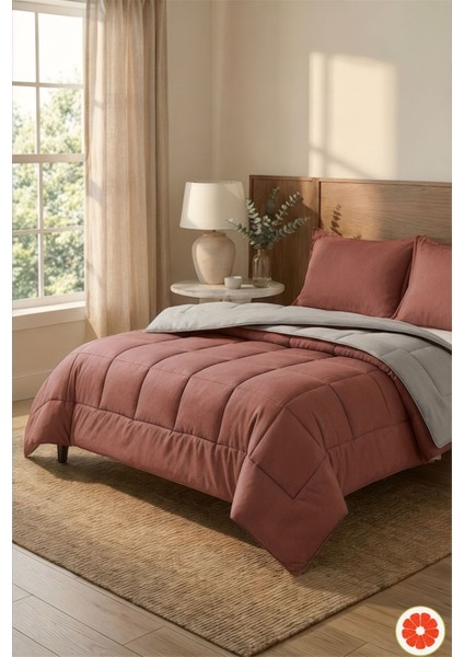 Çift Taraflı %100 Pamuk Yorgan Takımı 2 Yastık Kılıflı | Gülkurusu-Gri Çift Kişilik