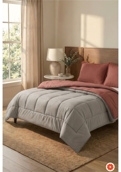 Çift Taraflı %100 Pamuk Yorgan Takımı 2 Yastık Kılıflı | Gülkurusu-Gri Çift Kişilik fiyatları