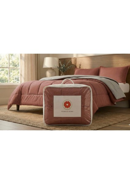 Çift Taraflı %100 Pamuk Yorgan Takımı 2 Yastık Kılıflı | Gülkurusu-Gri Çift Kişilik modelleri