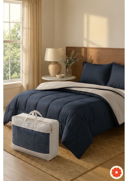 Çift Taraflı %100 Pamuk Yorgan Takımı 2 Yastık Kılıflı | Lacivert-Gri Çift Kişilik