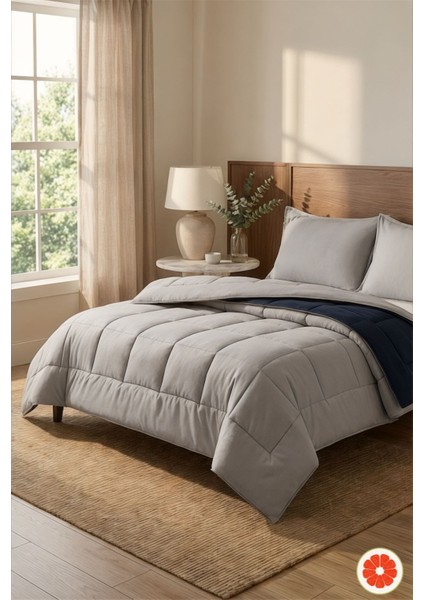 Çift Taraflı %100 Pamuk Yorgan Takımı 2 Yastık Kılıflı | Lacivert-Gri Çift Kişilik fiyatları