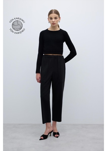 Beli Lastikli Düz Paça Pantolon Siyah K2612042_001