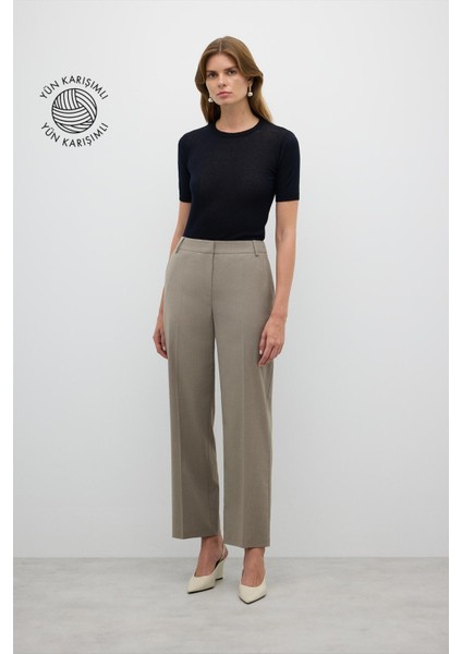 Yün Karışımlı Düz Paça Pantolon Kum Beji K2612045_267