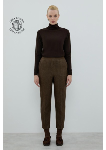 Yün Karışımlı Beli Lastikli Düz Paça Pantolon Kahve K2612041_005 fırsatları