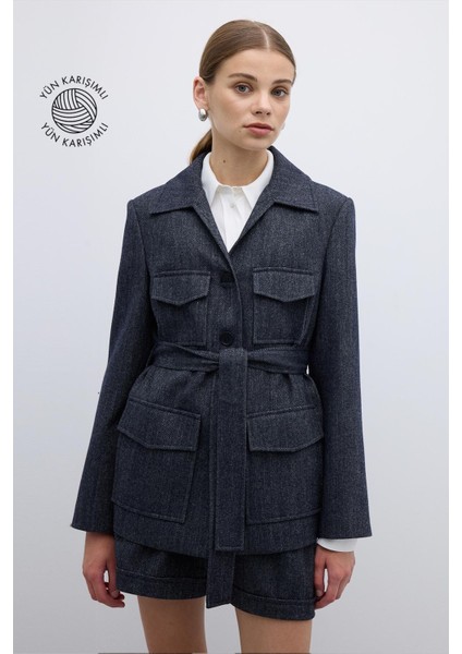 Yün Karışımlı Beli Kemerli Ceket Lacivert K2616023_015 indirimleri