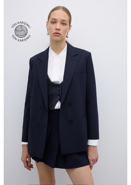 Punto Dikişli Kruvaze Blazer Ceket Lacivert K2616014_015