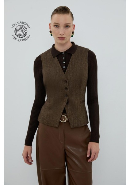 Yün Karışımlı V Yaka Önü Düğmeli Yelek Kahve K2617014_005 fırsatları