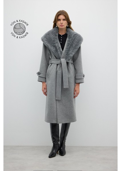Çıkarılabilir Kürk Yakalı Kruvaze Yün Kaban Gri K2619001_004