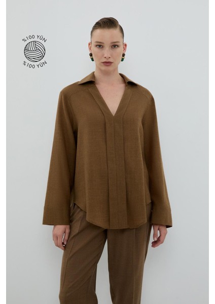 %100 Yün V Yaka Pili Detaylı Gömlek Kahve K2613536_005 fırsatları