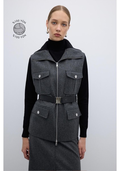 %100 Yün Beli Seyyar Kemerli Fermuarlı Yelek Koyu Gri K2617012_058 indirimleri