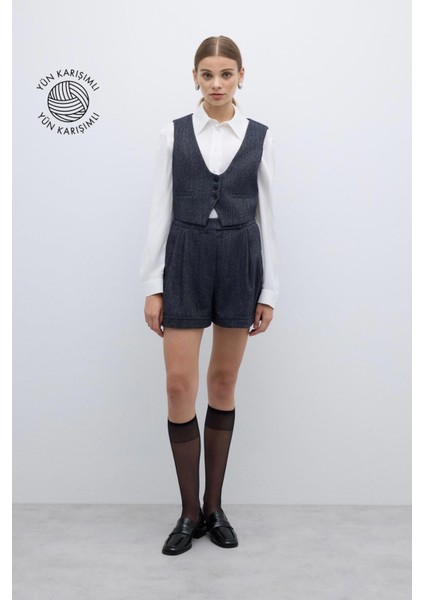 Yün Karışımlı Çift Pileli Şort Lacivert K2612603_015 modelleri