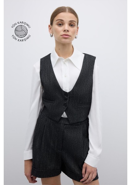 Yün Karışımlı U Yaka Önü Düğmeli Yelek Siyah K2617015_001