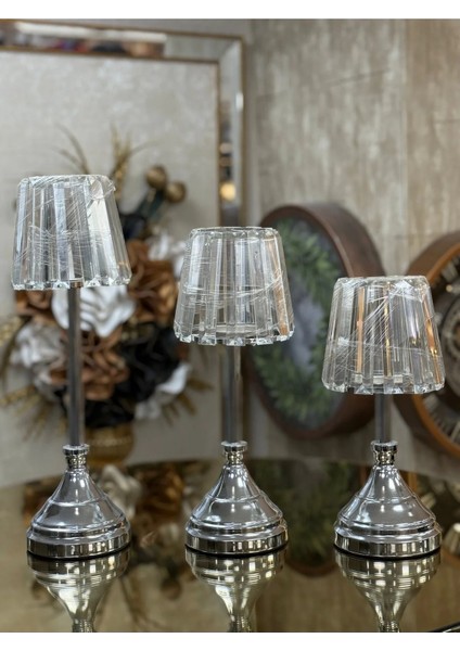 3'lü Gümüş Kristalli Şamdan 35-30-25 cm