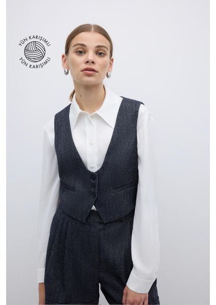 Yün Karışımlı U Yaka Önü Düğmeli Yelek Lacivert K2617015_015 fırsatları