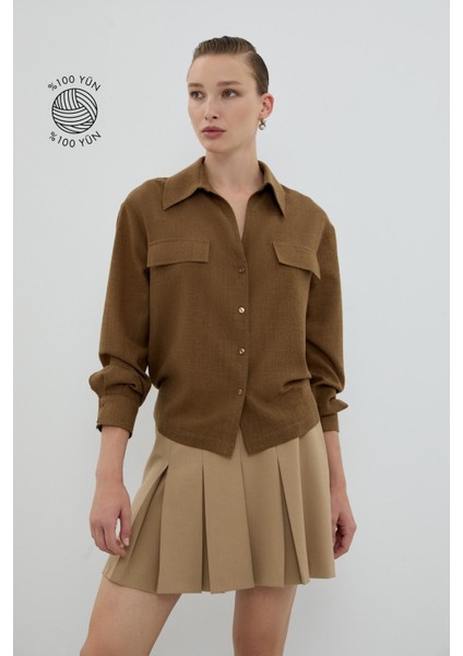 %100 Yün Süs Cep Kapaklı Gömlek Kahve K2613531_005 fırsatları
