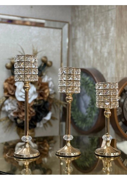3'lü Gold Kristal Şamdan 35-30-25 cm