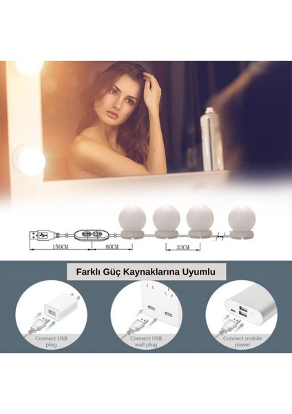 Nostalji Hollywood Tarzı 10&apos;lu Makyaj Masası Aynası Beyaz LED Işıklı Lamba USB (4887) indirimleri