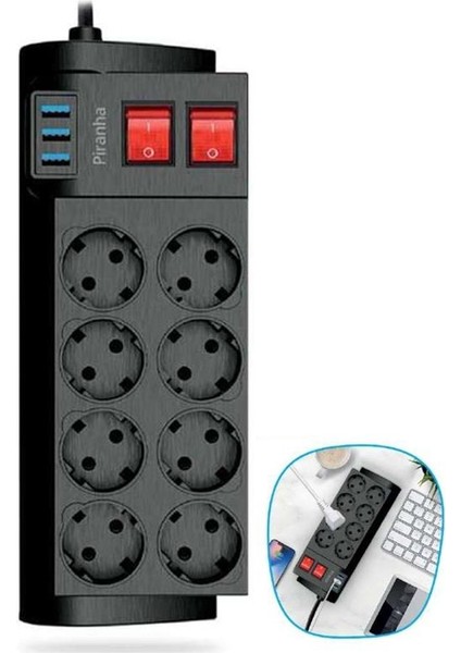 Isıya Dayanıklı Termal Akım Korumalı 2 Metre 16A 4000W 8li Priz ve 3 USB Li Uzatma Kablosu (494 fırsatları