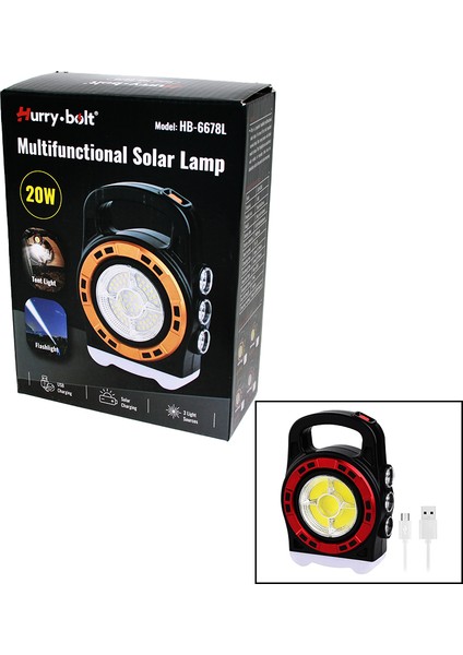 3ın1 20W Solar - USB Şarjlı El Feneri - Powerbank El Çantası Modeli (4887)