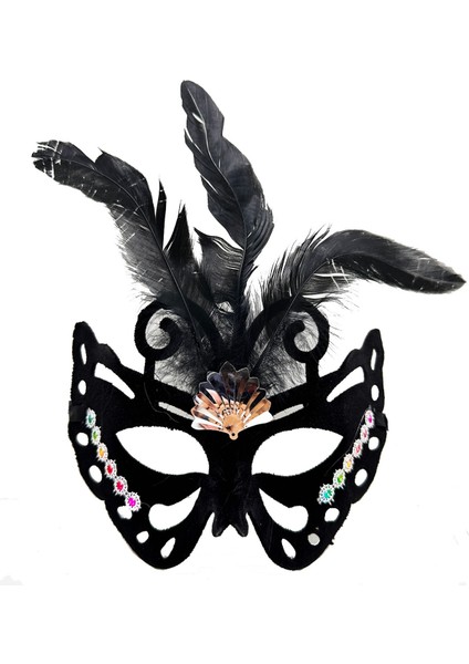 Siyah Renk Siyah Süet Kaplama Tüylü Kelebek Figür Parti Maskesi 24X18 cm (4940)