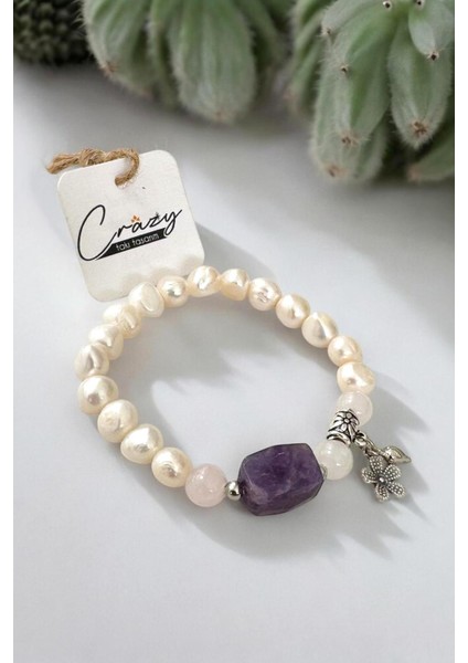 Doğal Barok Kültür Incisi, Ametist ve Pembe Kuvars Taşlı Bileklik