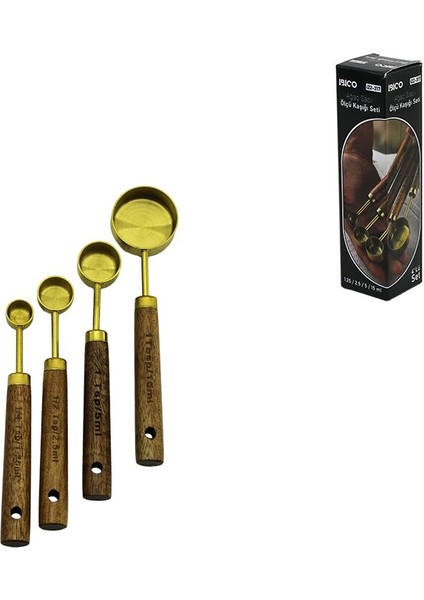 4 Pcs Gold Metal Ölçü Kaşık Seti Otantik Ağaç Kulp 15ML - 5ml - 2.5ml - 1.25ML (4940)