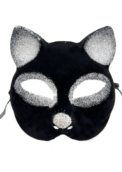 Siyah Renk Gümüş Simli Süet Kaplama Kedi Maskesi 18X14 cm (4940)