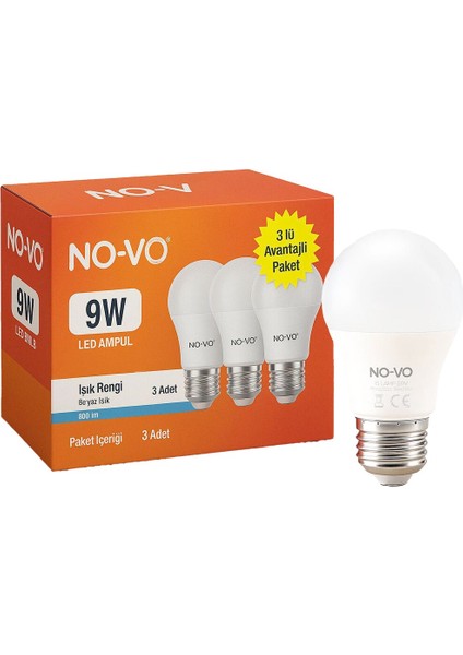 No-Vo 3lü Avantaj Paket 9W Beyaz LED Ampul E27 806LM 6500K 15.000 Saat Ömür (5224)