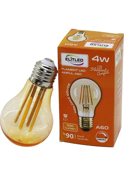 Elitled A-60 4W - E27 Gold Color Flament LED Rustik Ampul 500LUMEN Kırılmaz Gövde (5224)