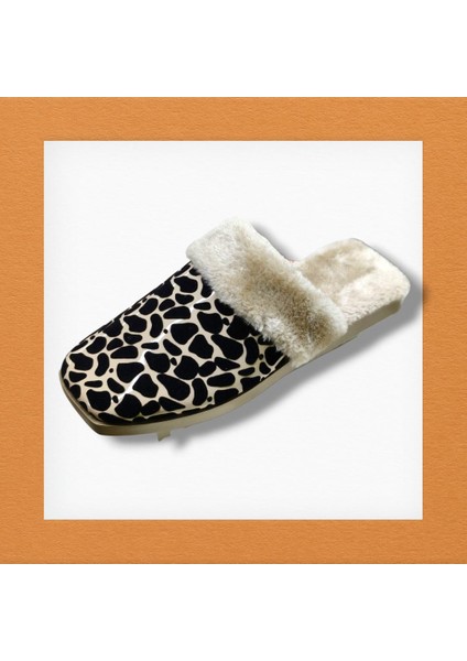 Leopar Desenli Içi Tüylü Sıcacık Pvc Taban Kadın Ev Terliği