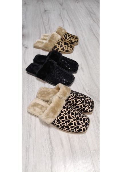 Leopar Desenli Içi Tüylü Sıcacık Pvc Taban Kadın Ev Terliği