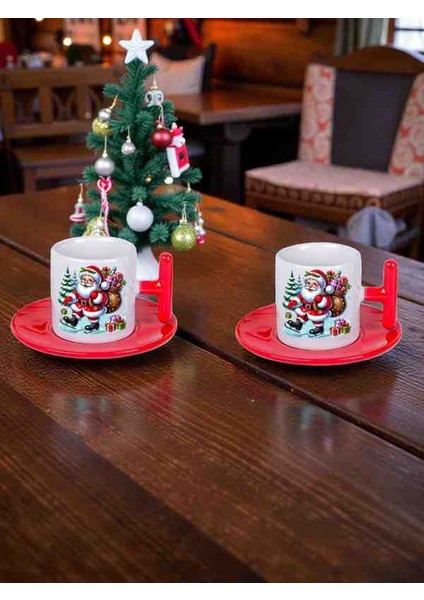 Kırmızı Yılbaşı Noel Görselli T 2 Kişilik Türk Kahvesi Fincanı